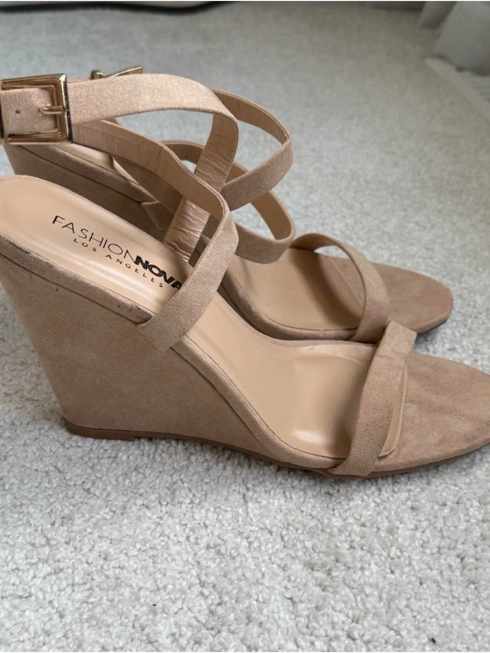 Nude Beige Crisscross Ankle-Strap Wedge Sandals